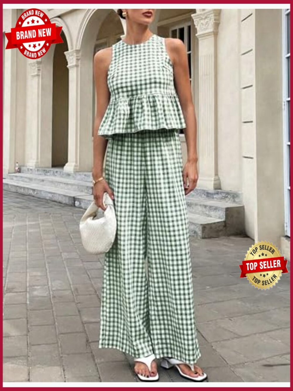Gingham 2 Piece Lounge Set - Tank Top & Wide Leg Pants - Picture 6 of 7